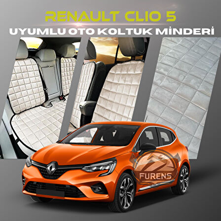 Renault Clio 5 Bej Renk Tay Tüyü Cepli & Terletmez Sırtlı Oto Koltuk Minder Seti - Koltuk Koruma Kılıfı (ÖN & ARKA TAM SET)