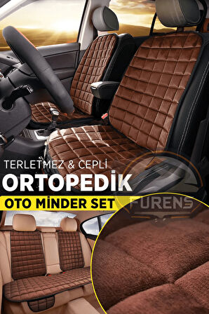 Skoda Kodiaq Kahverengi Renk Tay Tüyü Cepli & Terletmez Sırtlı Oto Koltuk Minder Seti - Koltuk Koruma Kılıfı (ÖN & ARKA TAM SET)