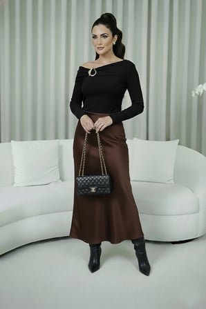 Kadın Acı Kahve Premium Beli Lastikli Uzun Verev Kesim Floş İpek Saten Etek