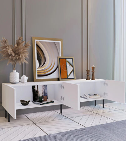 Suba Home Şık Ve Minimalist 160 Cm Demir Ayak Beyaz Tv Ünitesi – İdeal Ebatlarla Modern Tasarım