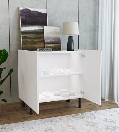 Modern Mdf Çok Amaçlı 80 Cm 2 Kapaklı Beyaz Konsol- Demir Ayaklı Estetik Tasarım