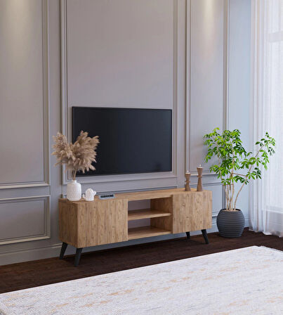 Ahşap Görünümlü Mdf 2 Kapaklı Raflı Tv Ünitesi 120 X 30 X 45 Modern Ve Fonksiyonel Tasarım