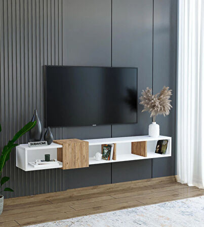 Slimline Beyaz Ahşap Duvara Monte Açık Raflı Minimalist Tv Ünitesi  160 cm - Şık ve Fonksiyonel Tasarım