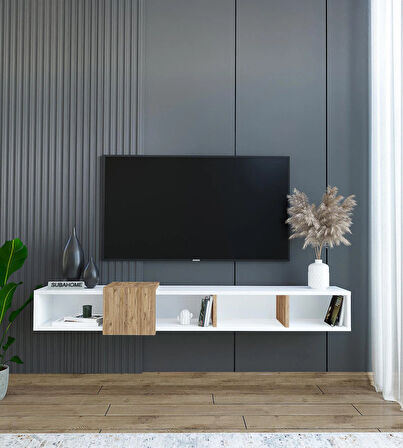 Slimline Beyaz Ahşap Duvara Monte Açık Raflı Minimalist Tv Ünitesi  160 cm - Şık ve Fonksiyonel Tasarım