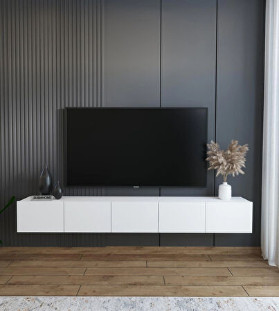 200 cm MDF 5 Kapaklı Dolaplı Minimalist Beyaz Duvara Monte TV Ünitesi