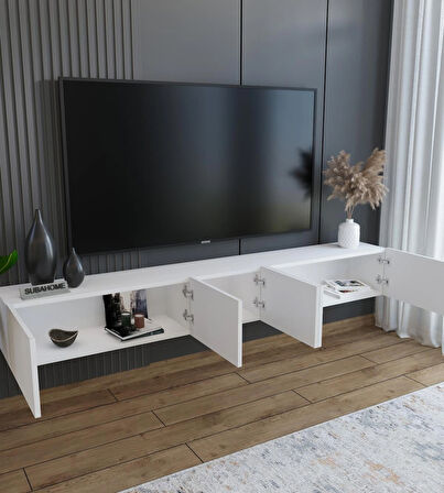 200 cm MDF 5 Kapaklı Dolaplı Minimalist Beyaz Duvara Monte TV Ünitesi