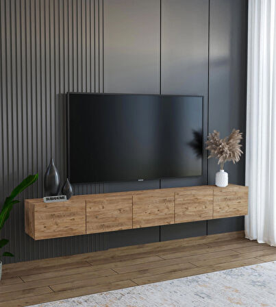200 cm MDF 5 Kapaklı Dolaplı Minimalist Ahşap Duvara Monte Tv Ünitesi - Şık ve Fonksiyonel Tasarım