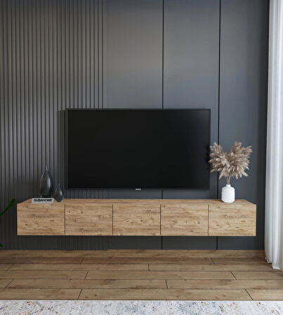200 cm MDF 5 Kapaklı Dolaplı Minimalist Ahşap Duvara Monte Tv Ünitesi - Şık ve Fonksiyonel Tasarım