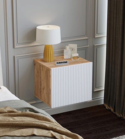%100 Mdf - 40 cm Suba Home Duvara Monte Ahşap Dokulu Şık Beyaz Kapaklı Komodin Modern Çok Amaçlı Dolap