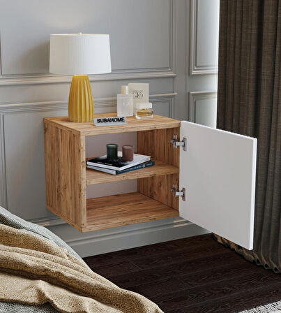 %100 Mdf - 40 cm Suba Home Duvara Monte Ahşap Dokulu Şık Beyaz Kapaklı Komodin Modern Çok Amaçlı Dolap