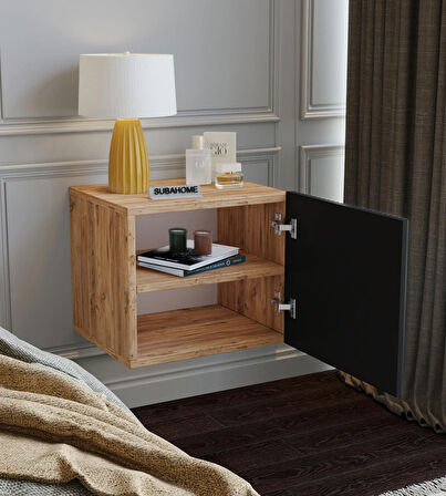 %100 Mdf - 40 cm Suba Home Duvara Monte Ahşap Dokulu Şık Siyah Kapaklı Komodin Modern Çok Amaçlı Dolap
