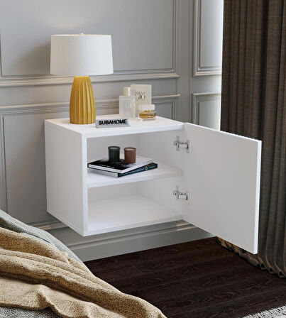 %100 Mdf - 40 cm Suba Home Duvara Monte Şık Beyaz Kapaklı Komodin Modern Çok Amaçlı Dolap