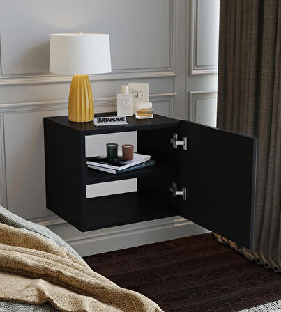 %100 Mdf - 40 cm Suba Home Duvara Monte Şık Siyah Kapaklı Komodin Modern Çok Amaçlı Dolap