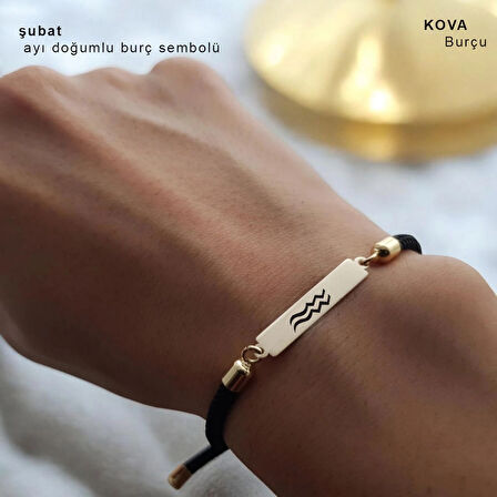 Romantizmi yansıtan Siyah Örgülü Dikdörtgen Motifli 14 Ayar Altın Plakalı Şubat Bilekliği