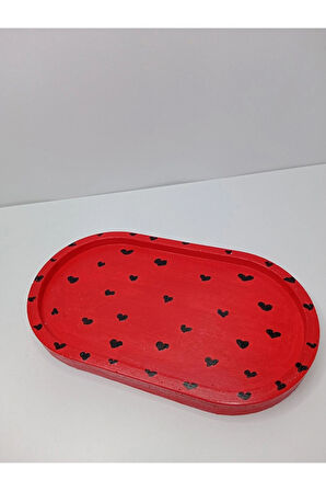 Kalp Desenli Kırmızı Dekoratif Takı Sunum Tablası