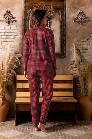 SUNZER HOMEWEAR bayan süvet kırmızı kareli pijama takımı