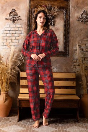 SUNZER HOMEWEAR bayan süvet kırmızı kareli pijama takımı