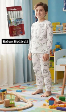 SUNZER HOMEWEAR kız erkek çocuk boyamalı pijama takımı