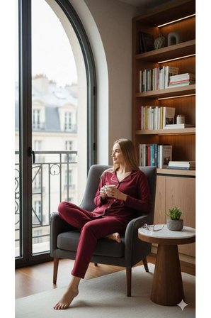 SUNZER HOMEWEAR bayan uzun kollu koyu bordo pijama takımı