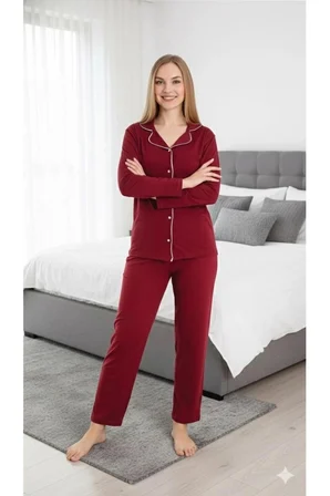SUNZER HOMEWEAR bayan uzun kollu koyu bordo pijama takımı