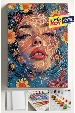 Sayılarla Boyama Seti Numaralı Tuval Fırça Boya Dahil Kasnaklı Set 50x70 Cm - SU VE KADIN