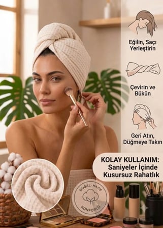 Beyaz Düğmeli Mikrofiber Saç Havlusu Bonesi – Banyo, Deniz ve Havuz Sonrası Hızlı Kurulama Saç Bonesi