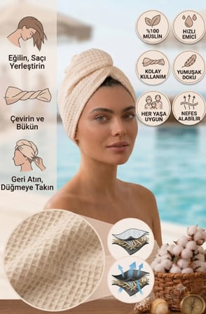 Beyaz Düğmeli Mikrofiber Saç Havlusu Bonesi – Banyo, Deniz ve Havuz Sonrası Hızlı Kurulama Saç Bonesi