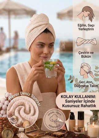 Beyaz Düğmeli Mikrofiber Saç Havlusu Bonesi – Banyo, Deniz ve Havuz Sonrası Hızlı Kurulama Saç Bonesi
