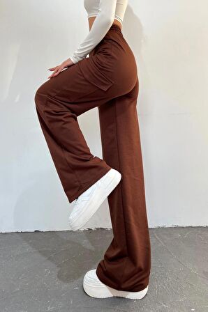 Kadın Kahverengi - Regular Fit Kargo Cepli Bol Paça Eşofman Altı