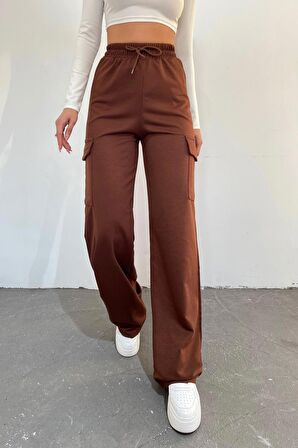 Kadın Kahverengi - Regular Fit Kargo Cepli Bol Paça Eşofman Altı