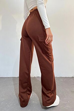 Kadın Kahverengi - Regular Fit Kargo Cepli Bol Paça Eşofman Altı