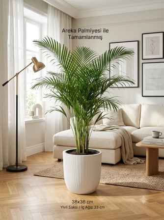 Plastik Beyaz Yivli İçlikli Saksı 38x36 cm - İç Çap 33 cm Büyük Boy Dekoratif Çiçeklik