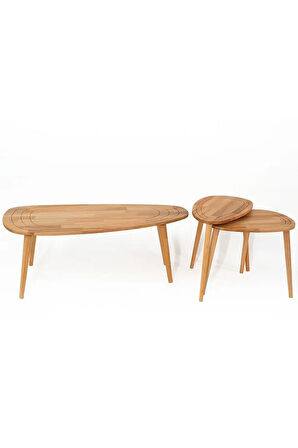 Fawdecor Sweet Masif Doğal Ahşap Orta Sehpa ve 2'li/3'lü Zigon Sehpa Set, Modern Masif Yan Sehpa, Orta Sehpa ve 2'li Zigon Sehpa Set