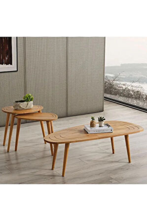 FAVdecor Sweet Masif Doğal Ahşap Orta Sehpa Ve 2'li Zigon Sehpa Set, Modern Masif Yan Ve Orta Sehpa Set