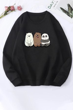 Unisex Kafadar Ayılar Baskılı Bisiklet Yaka Sweatshirt
