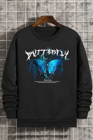 Unisex Blue Butterfly Bisiklet Yaka Sweatshirt