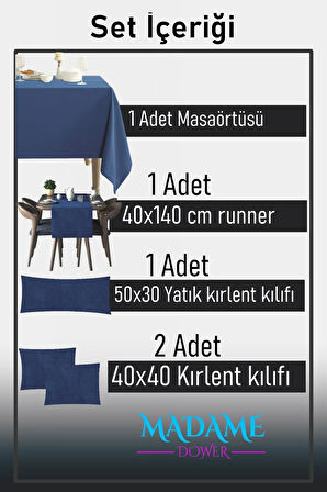 Özel Dikim Keten Dokulu Kombin Set Dazzle Saks Mavi - Masa Örtüsü + Runner + Kırlent Kılıfı