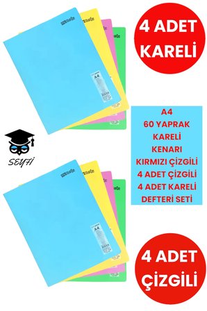 8 Adet A4 60 Yaprak Kareli Defter 4 Adet Çizgili 4 Adet Kareli Plastik Kapak Defter Telsiz