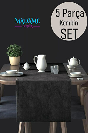 Özel Dikim Keten Dokulu Kombin Set Dazzle Siyah - Masa Örtüsü + Runner + Kırlent Kılıfı