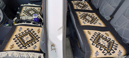 Reversible Oto Koltuk Kilim Seti • 3 Parça • Makine Dokuma • Akrilik & Polyester • Saçaklı