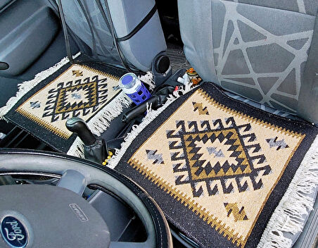 Reversible Oto Koltuk Kilim Seti • 3 Parça • Makine Dokuma • Akrilik & Polyester • Saçaklı