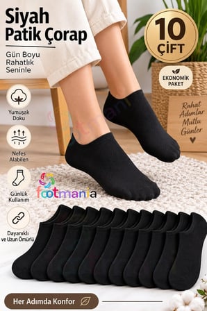 Kadın 10 Çift Siyah Patik Çorap Seti Pamuklu