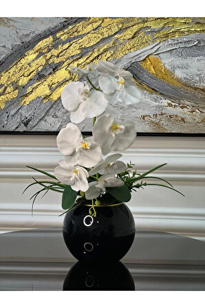 Yapay Orkideli Siyah Cam Vazo