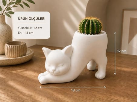 Dekoratif Kedi Saksı – Modern Minimal Tasarım | Kaktüs ve Sukulentler İçin Şık Saksı