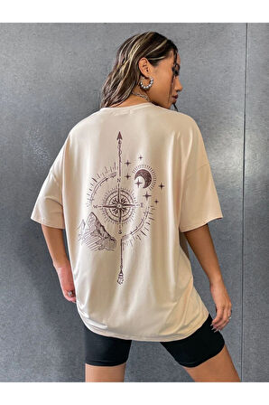 Unisex Bej Pusula Sırt Baskılı Oversize T-shirt