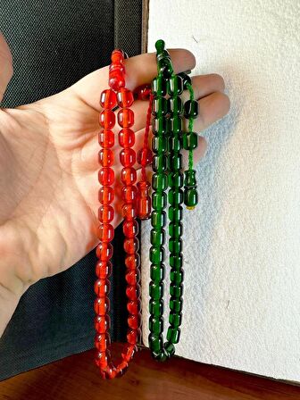 SIKMA ÇUBUK KEHRİBAR TESBİH KIRMIZI + YEŞİL RENKLİ KAPSÜL KESİM T-211