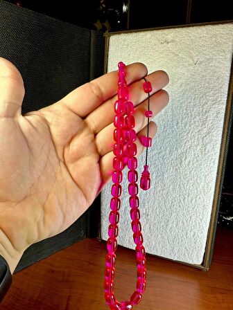 ATEŞ KEHRİBAR TESBİH PEMBE RENK KAPSÜL KESİM T-217