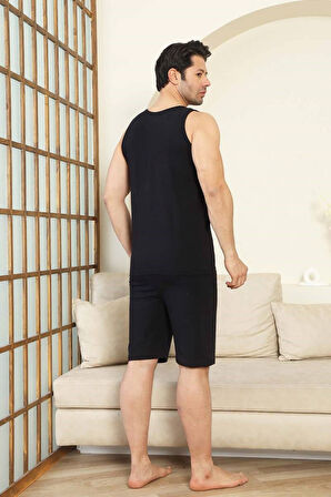 Erkek Bisiklet Yaka Düğmesiz %100 Pamuk Atlet Sporcu Kol Cepli Şortlu Pijama Takımı