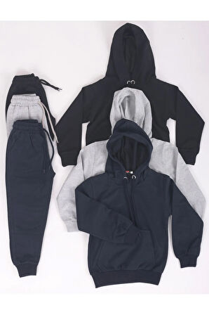 3'lü Unisex Düz Kanguru Cepli Kapüşonlu Alt-Üst Eşofman Takımı