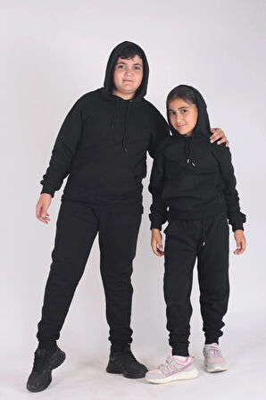 Unisex (Erkek-Kız ) Düz Kanguru Cepli Kapüşonlu Alt-Üst Eşofman Takımı